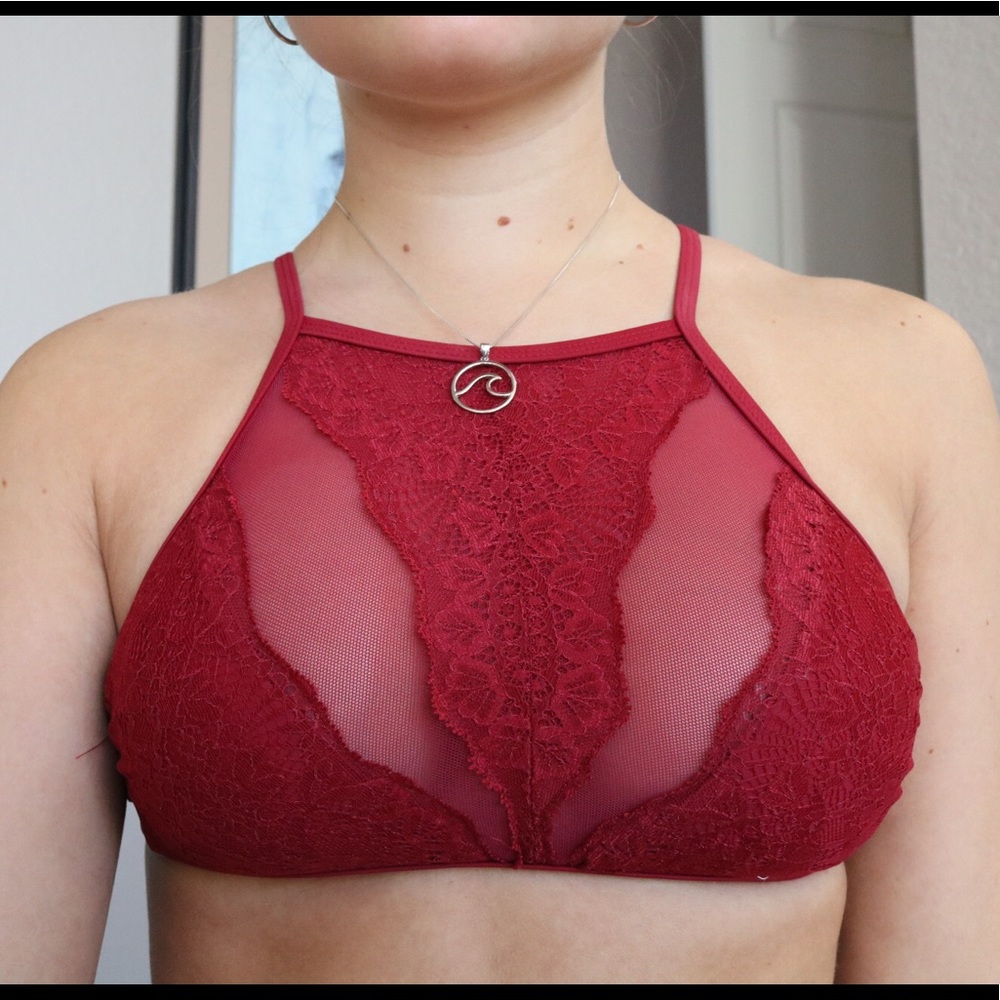 Red lace halter bikini top